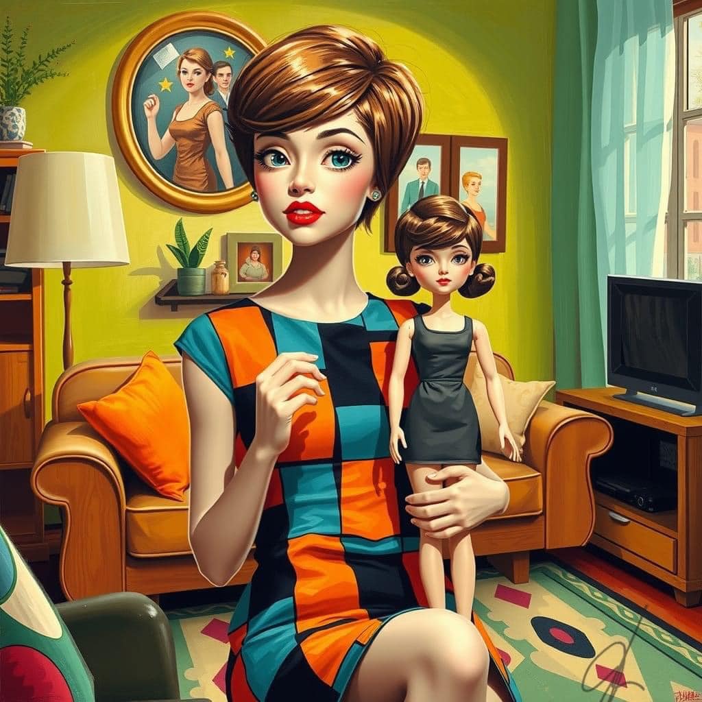 Stylized woman holding a doll in a colorful retro living room