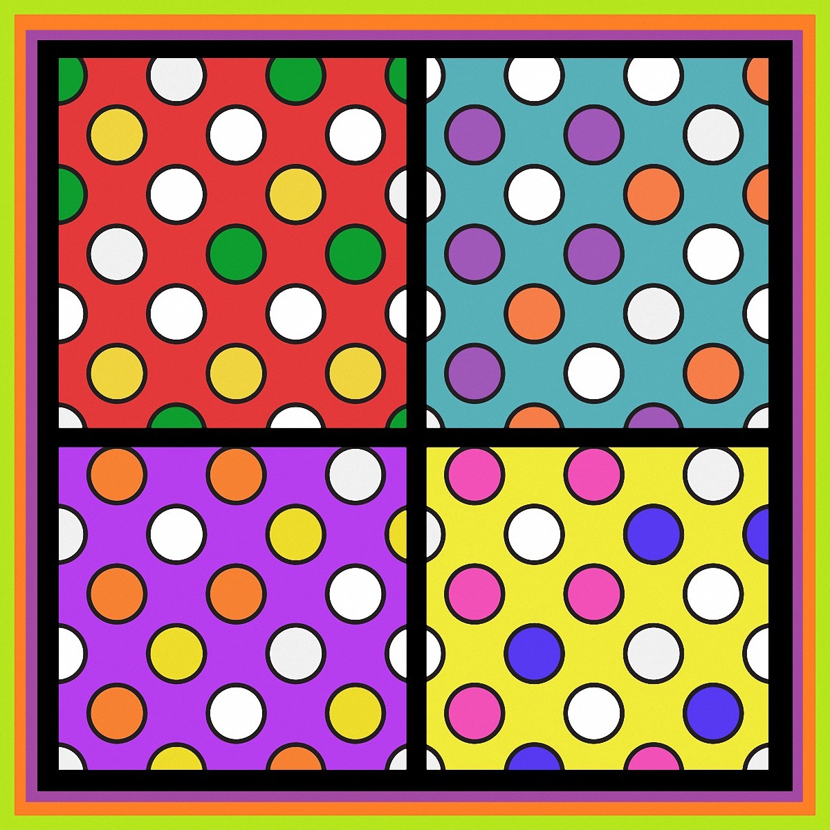 Four-panel grid with colorful polka dots on red, turquoise, purple, and yellow backgrounds