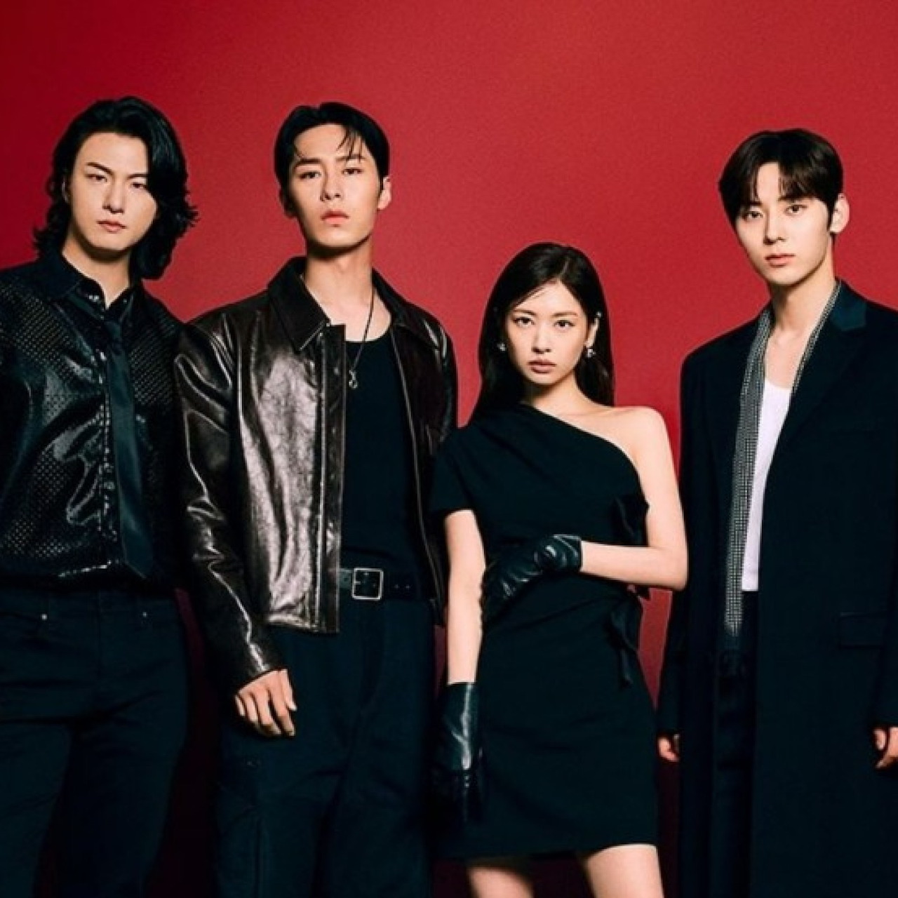 Four K-drama actors, three men and one woman, in dark clothing posing against a red background.