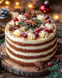 Layered spice cake with frosting, cranberries, star anise, and rosemary on a wooden board