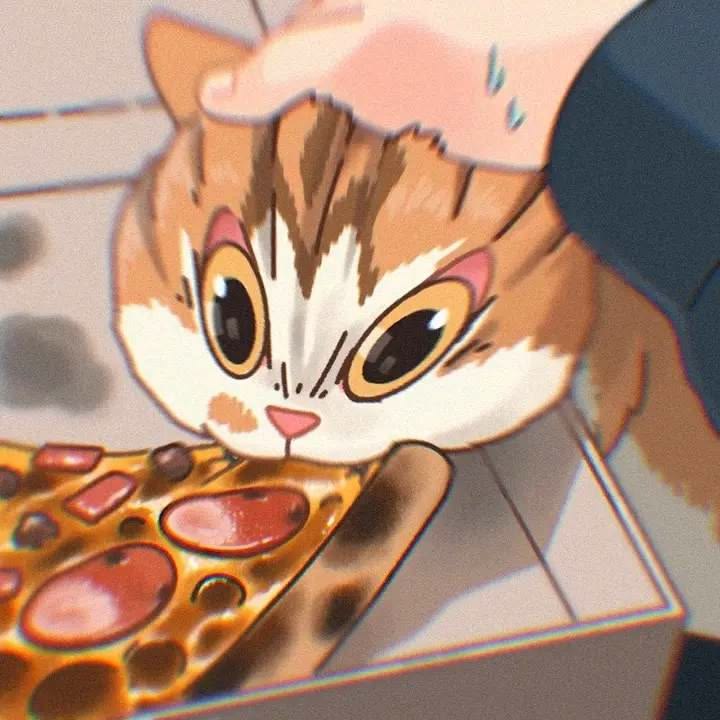 Cartoon orange and white cat next to a slice of pepperoni pizza with a hand petting its head