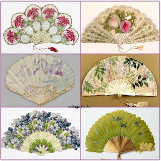 Six decorative antique hand fans arranged in a grid, each with unique floral and ornamental designs