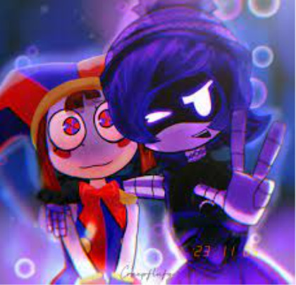 Stylized cartoon duo in purple neon lighting with one pink-faced character and one dark purple character