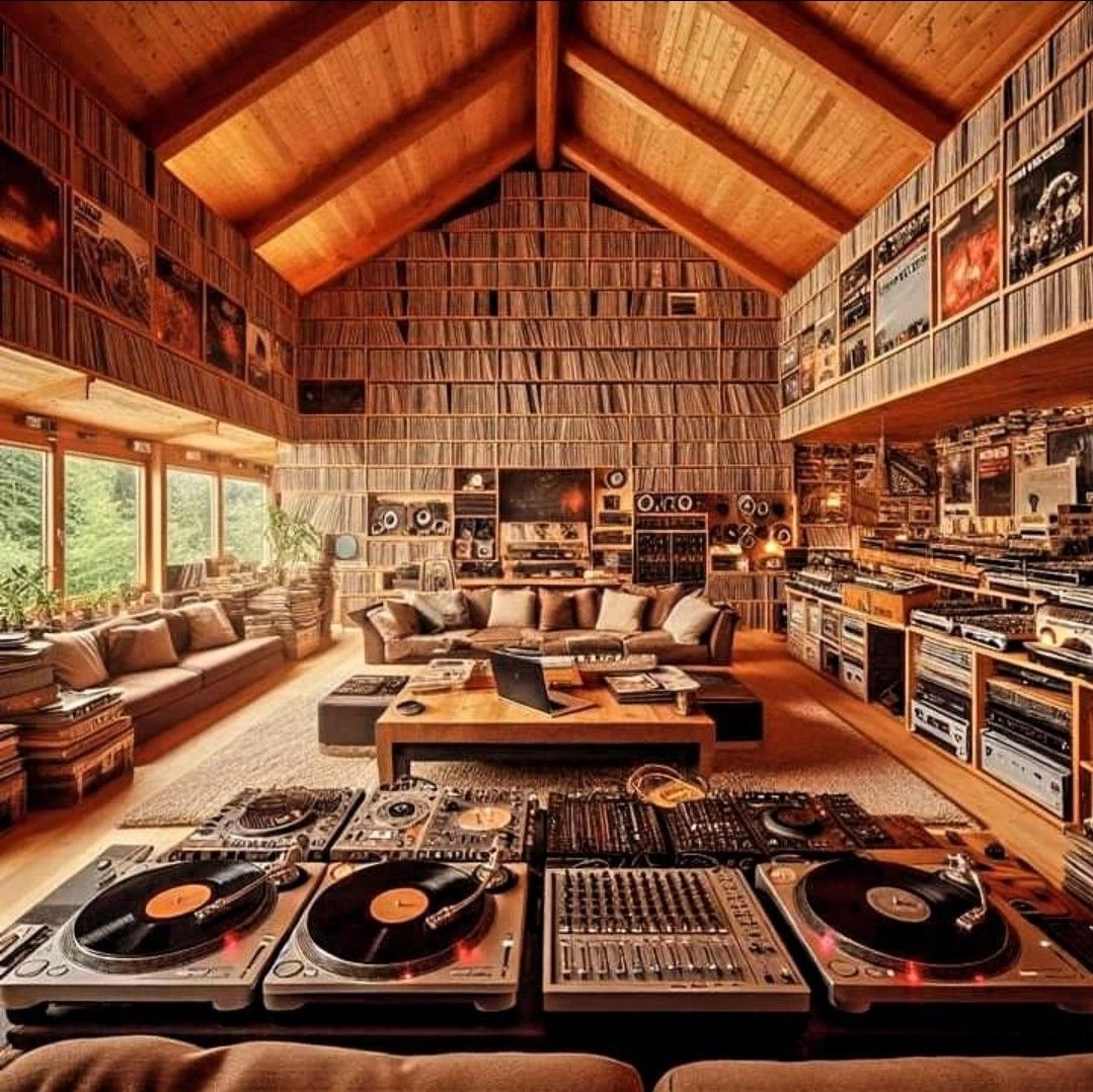 Vintage music studio with turntables, mixer, bookshelves, and vaulted wooden ceiling