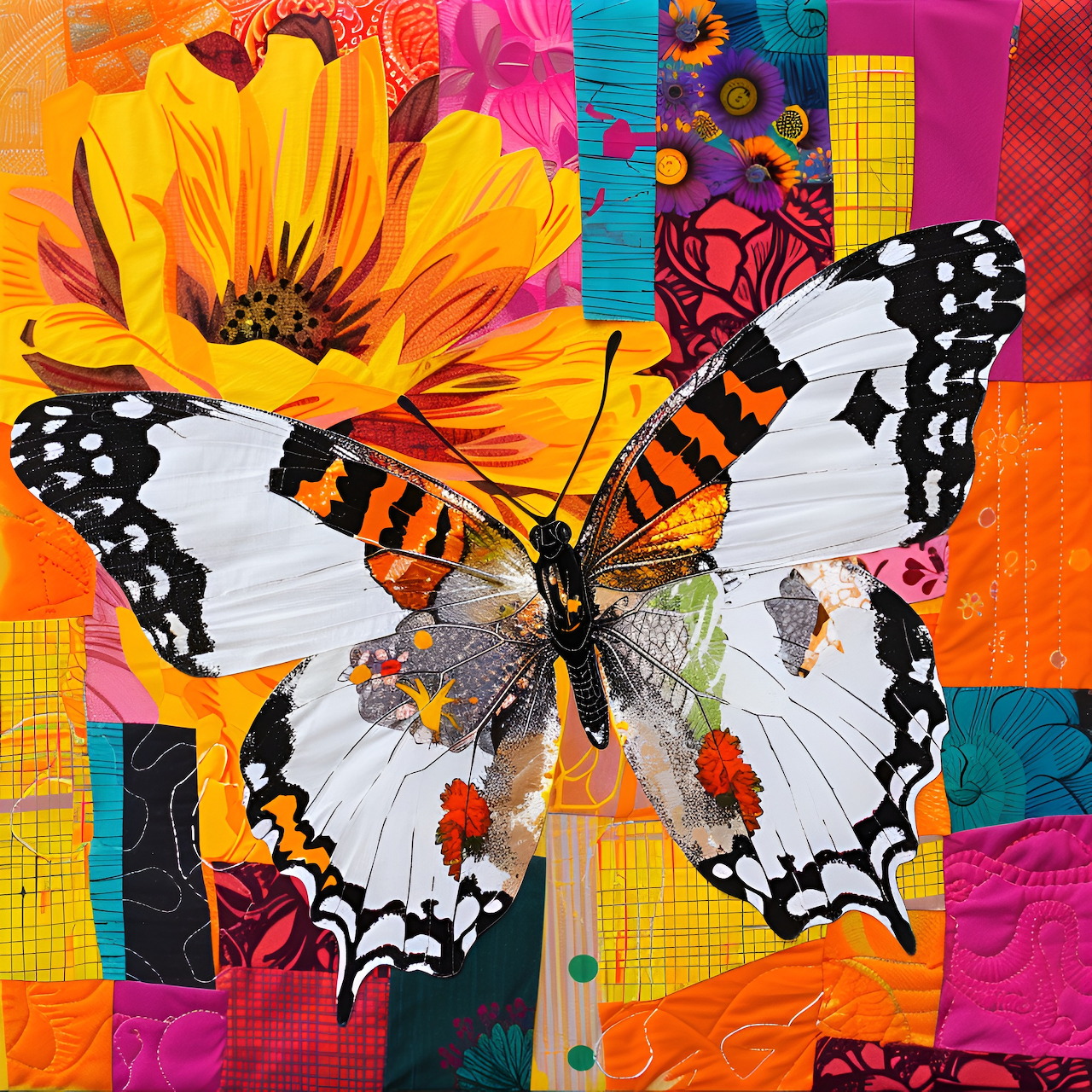 White butterfly with black spots and orange accents on vibrant patchwork collage background with flowers