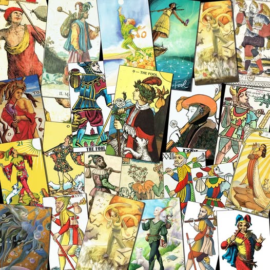 Collage of multiple Tarot Fool cards featuring jesters in colorful medieval attire