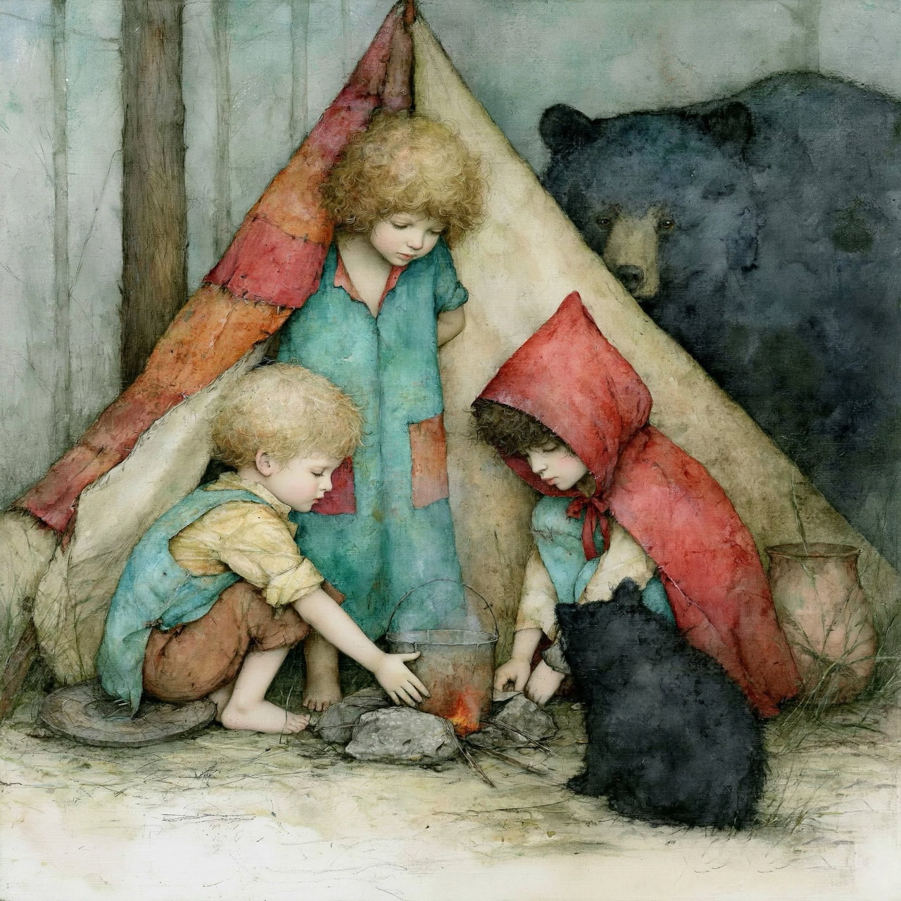 Illustration of three children by a tent and small fire with two bears nearby