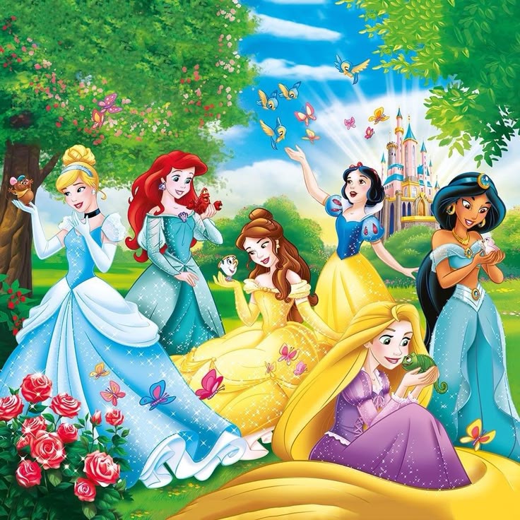 Disney princesses in garden with castle and flowers