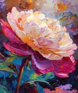 Impressionist oil painting of a large cream and pink flower with thick textured brushstrokes