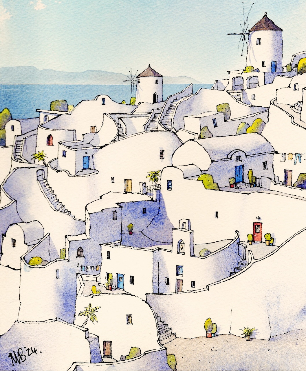 Watercolor painting of Santorini white buildings and windmill with sea in background