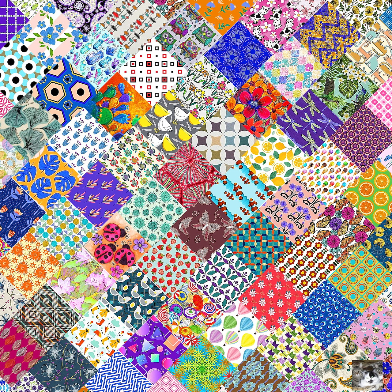Colorful patchwork quilt with diverse fabric patterns including dots, florals, and geometric designs in many colors