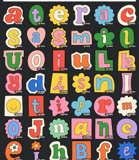 Colorful stylized alphabet letters in different fonts and designs on a black background