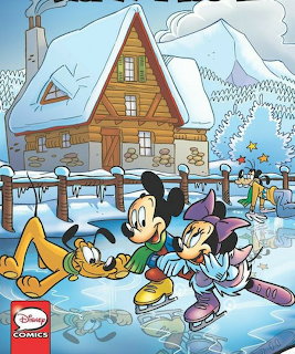 Mickey Mouse, Minnie Mouse, and Pluto ice skating near a snowy cabin in a Disney comic illustration