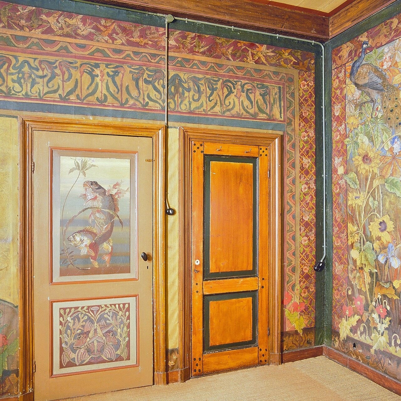 Painting of a historic interior with ornate wall murals and two decorated doors