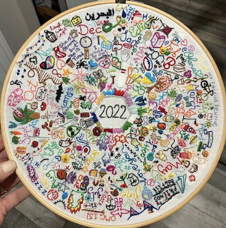 Embroidery hoop with dense colorful stitched doodles and '2022' at center, held in hand