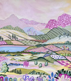 Stylized illustration of rolling hills and mountains with decorative patterns in pastel colors