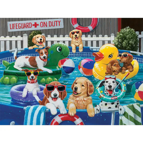 Cartoon dogs playing in a pool with colorful inflatable toys and floaties