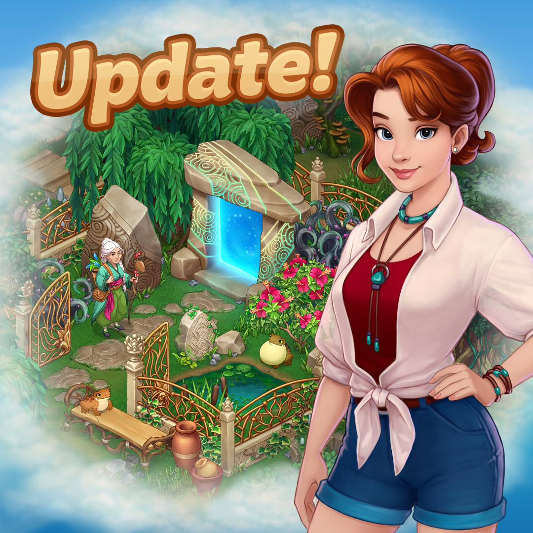 Cartoon woman in casual outfit next to colorful farm garden with plants and animals