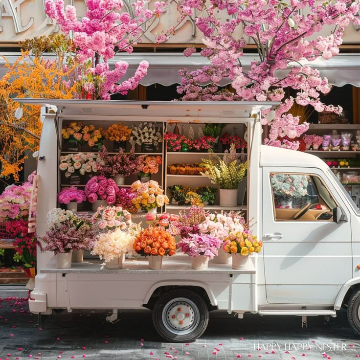 White truck converted into flower market stall with pink blossoms and colorful bouquets