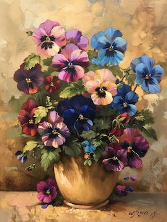 Painting of colorful pansies in a golden vase on a table