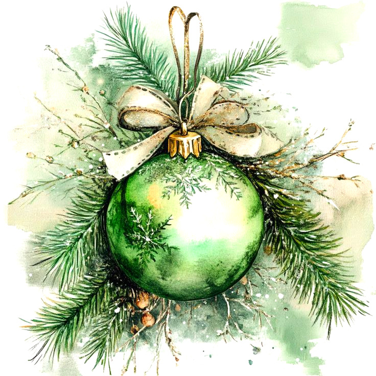 Green Christmas ornament with gold bow and pine needles in watercolor style