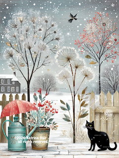 Black cat in snowy winter garden with bare trees, dandelions, red umbrella and watering can by wooden fence