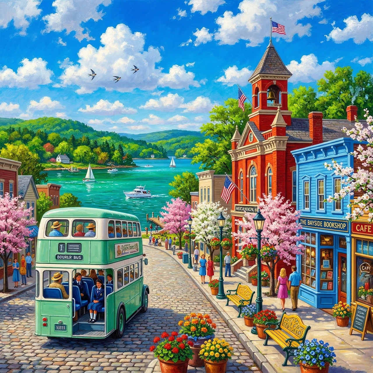 Colorful coastal town with green double-decker bus, historic buildings, cherry blossoms, and sailboats on bay