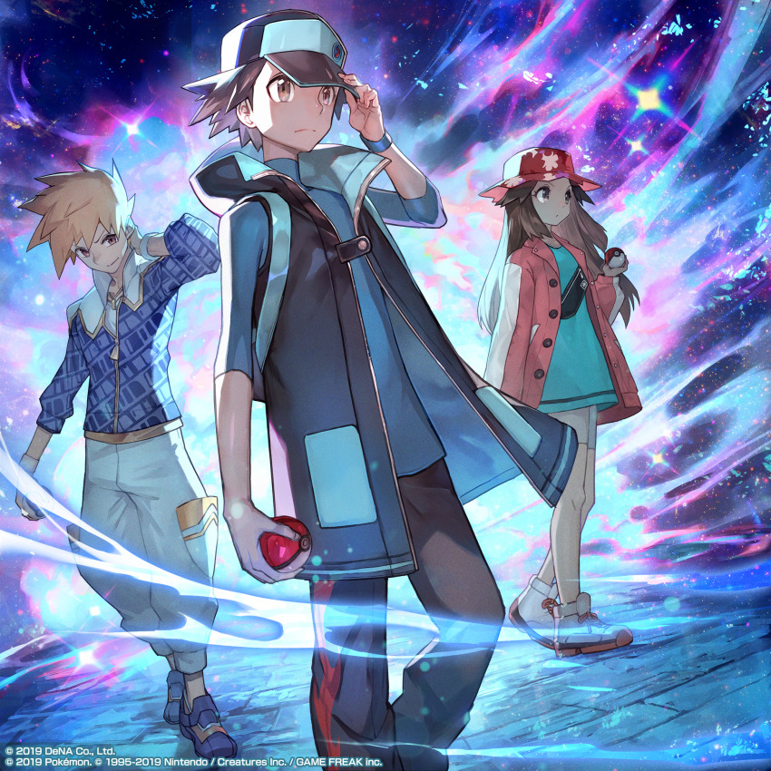 Three anime-style Pokemon trainers posing against a colorful cosmic background with purple and blue energy swirls