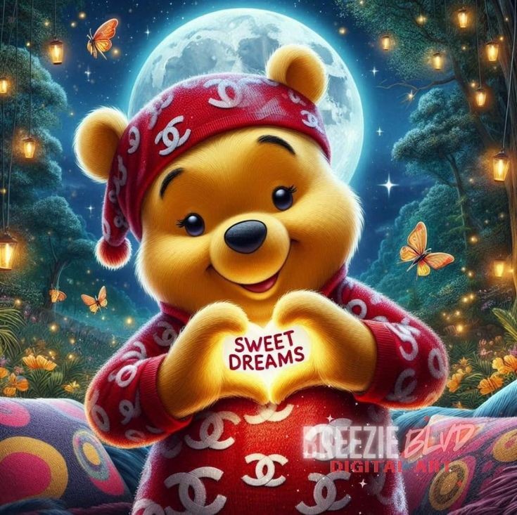 Smiling cartoon bear in red pajamas with nightcap holds pillow under full moon with stars and butterflies