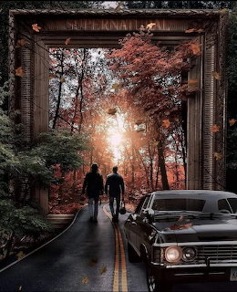 Couple walking on autumn street at sunset with vintage cars and ornate frame border