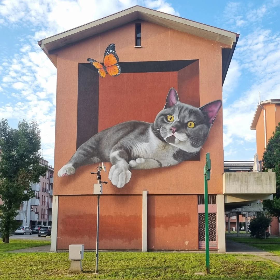 Giant Cat Mural on Building