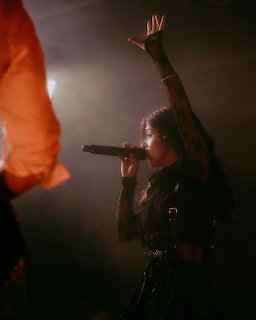 Female singer performing on stage with a microphone and raised arm in warm concert lighting.