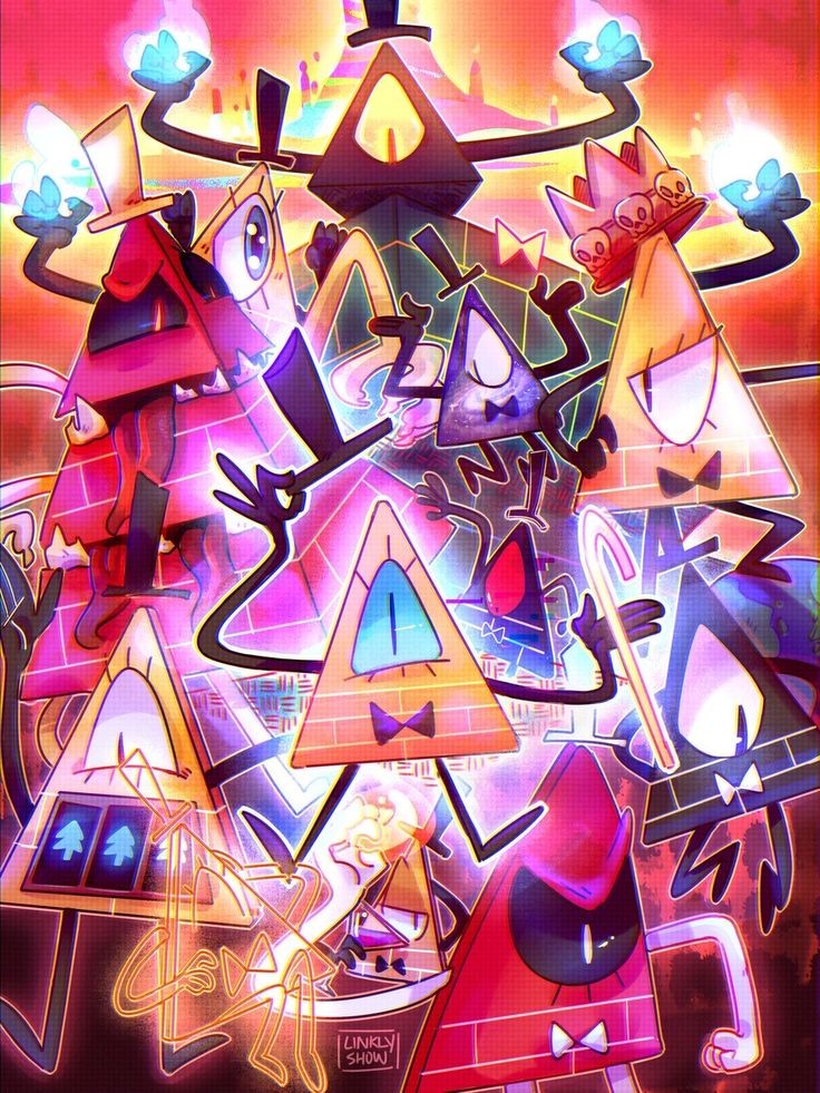 Bill Cipher triangle demon character surrounded by colorful geometric shapes and glowing effects