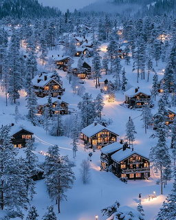 Aerial view of illuminated chalets in snowy forest at dusk