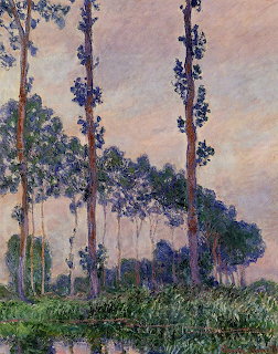 Impressionist painting of three tall poplar trees against a pastel sky with distant tree line