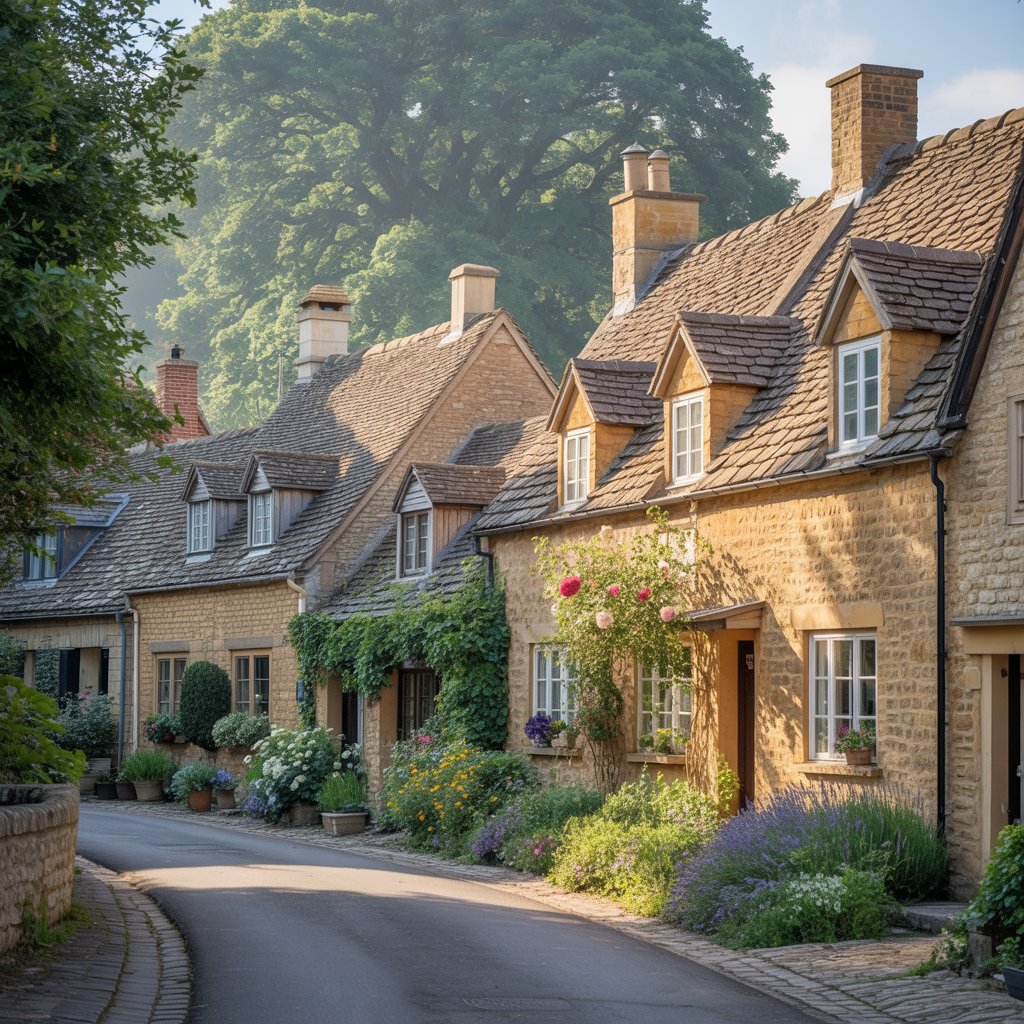 Row of golden stone cottages with gardens along a village street