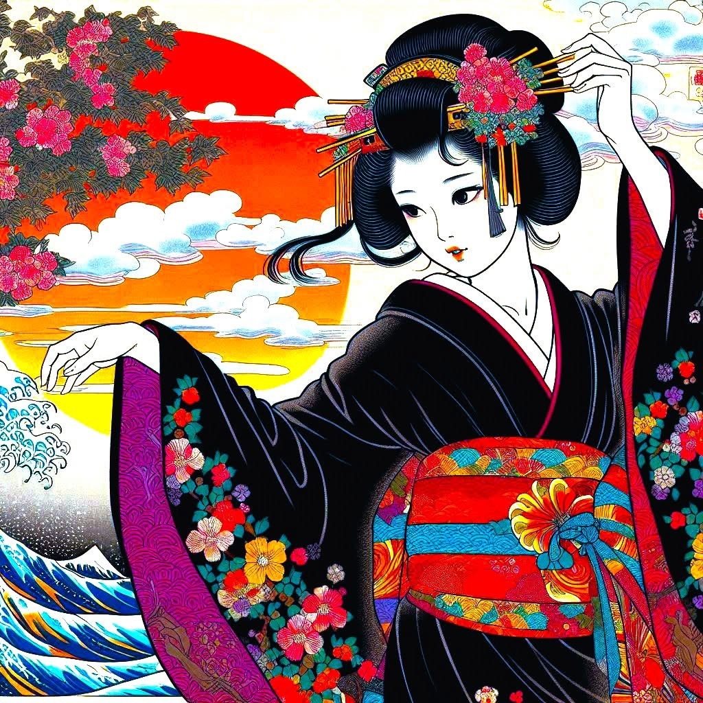 Japanese geisha in black kimono with red obi and floral ornaments, traditional hairstyle, sunset and wave background