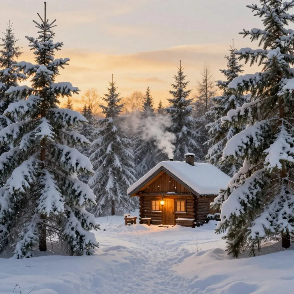 Warmly lit wooden cabin surrounded by snow-covered pine trees in a winter forest