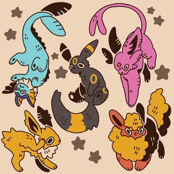 Five colorful Pokemon Eeveelutions characters arranged in circle: blue Vaporeon, black Umbreon, pink Espeon, orange Flareon, yellow Jolteon