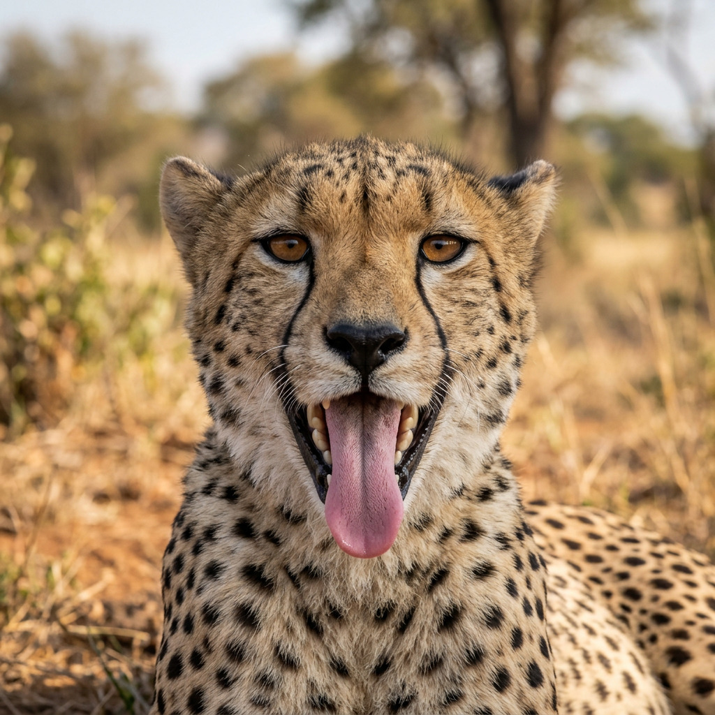 Close-up of a cheetah with its tongue out in dry grass