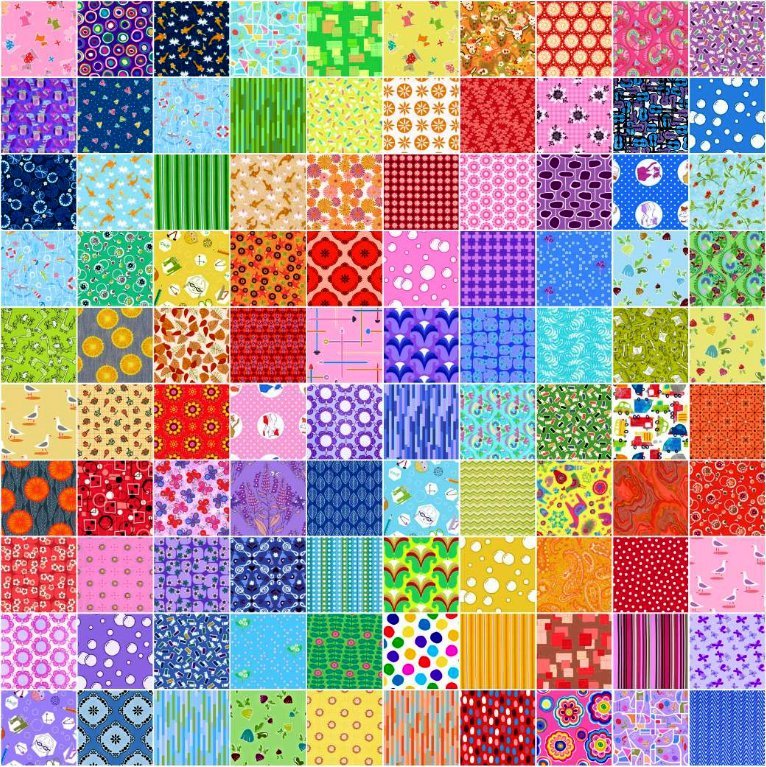 Colorful patchwork quilt grid with 121 squares in rainbow colors featuring various patterns like florals, dots, and stripes