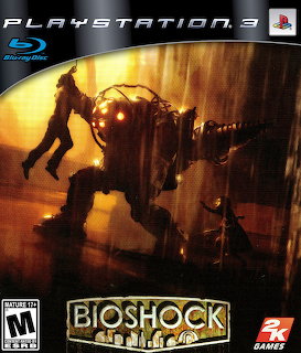 BioShock PlayStation 3 game cover with a Big Daddy and Little Sister in a dark environment