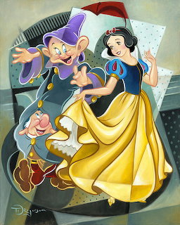 Stylized painting of Snow White dancing with Dopey on his shoulders and Grumpy below