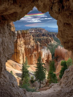 Bryce Canyon hoodoos viewed through natural stone cave opening with trees in foreground