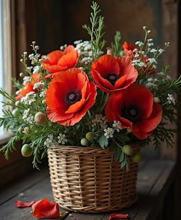 Red poppy flower arrangement in wicker basket with white flowers and greenery near window