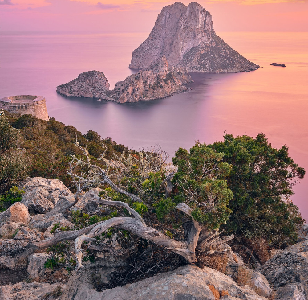 Rocky coastal foreground overlooking a small island in calm sea at pink sunset