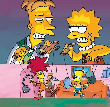Four panel cartoon showing Simpsons characters in various colorful scenes