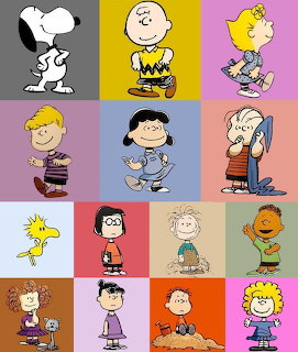 Grid of Peanuts cartoon characters including Snoopy, Charlie Brown, Lucy, Linus, Woodstock, and Sally on colorful backgrounds