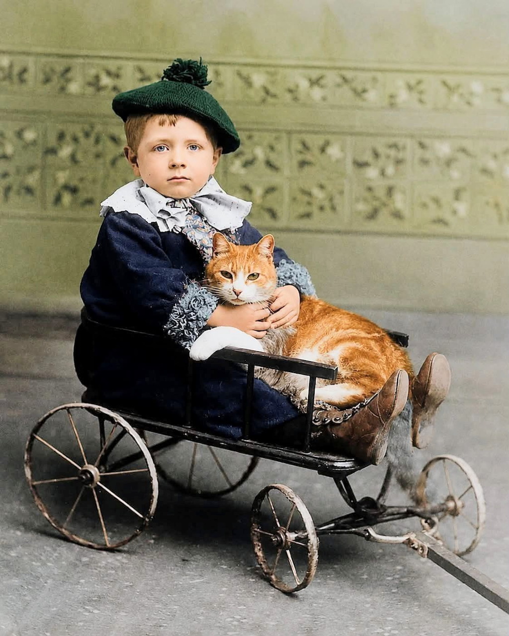 Vintage colorized photo of a little boy in a small cart holding an orange tabby cat