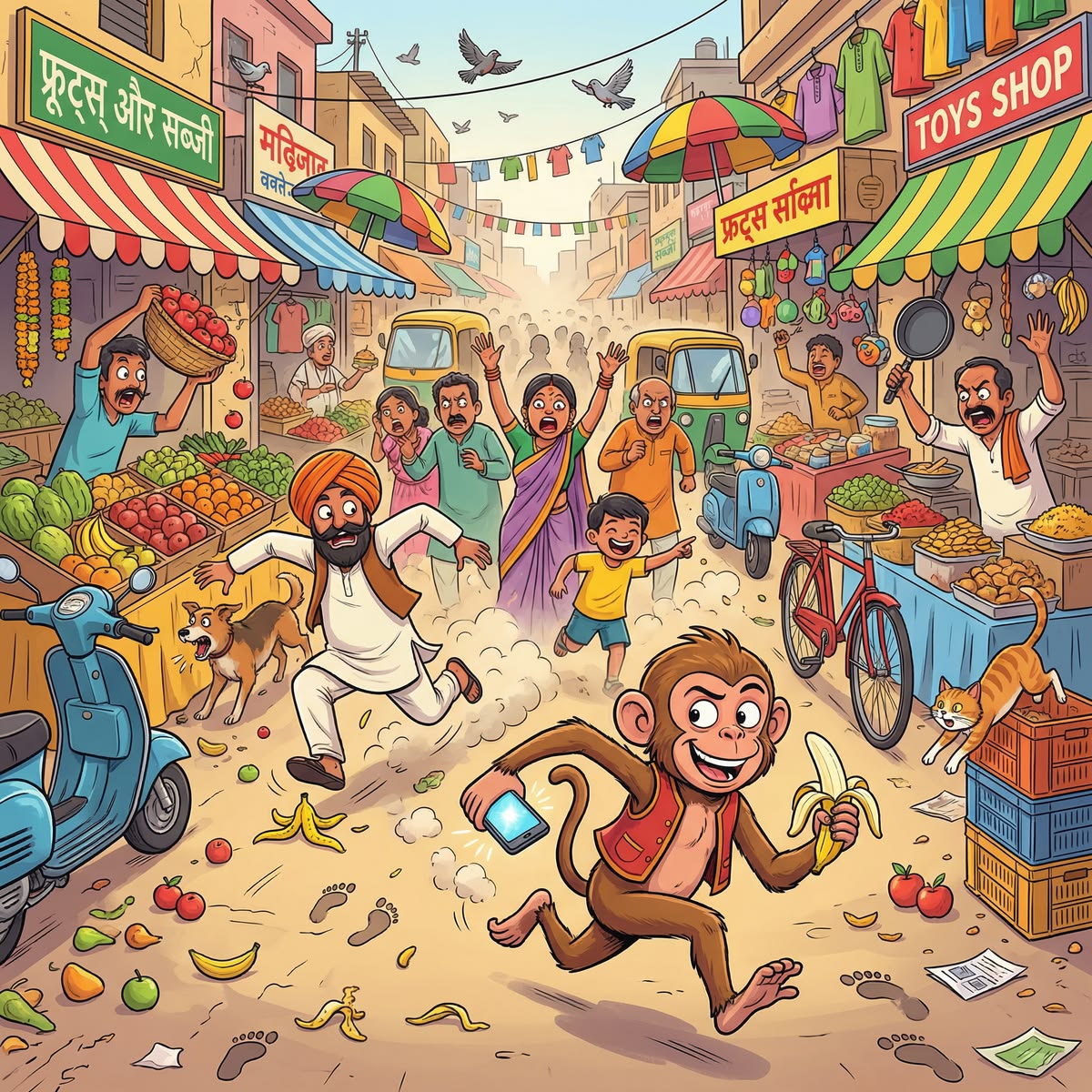 Cartoon monkey running through vibrant Indian market street with vendors and scattered fruit